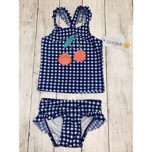 Cat & Jack Gingham Cherry 2 Piece Swim Ruffle Bikini Set Baby Girls Size 2T NEW
